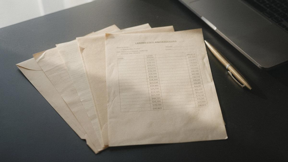 Paper dossier folders, a printed landed-cost sheet and a pen on a desk in a Kyiv office