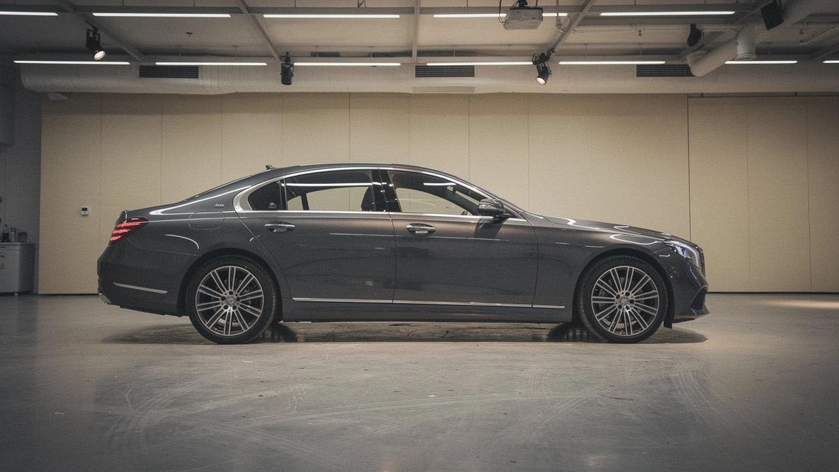 Luxury sedan under inspection lights in a dim European showroom