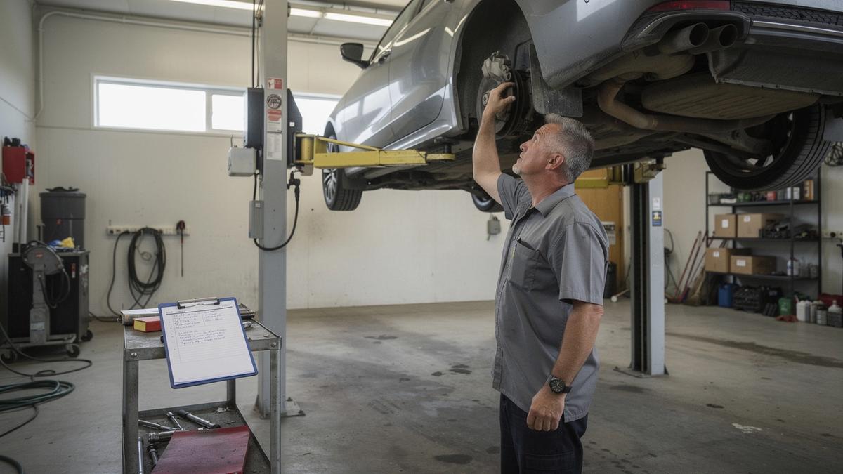 Inspector examining the underside of a vehicle on a lift before purchase